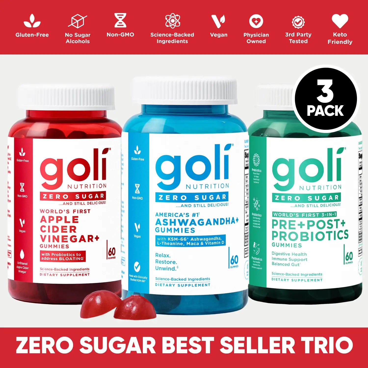 Zero Sugar Best Seller Trio: Revolutionary 3-In-1 Apple Cider Vinegar Gummies with Probiotics, B12, Ashwagandha & L-Theanine for Bloating Relief - Gluten-Free, Vegan & Non-GMO!