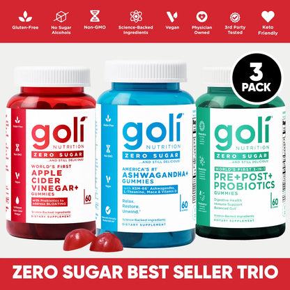 Zero Sugar Best Seller Trio: Revolutionary 3-In-1 Apple Cider Vinegar Gummies with Probiotics, B12, Ashwagandha & L-Theanine for Bloating Relief - Gluten-Free, Vegan & Non-GMO!